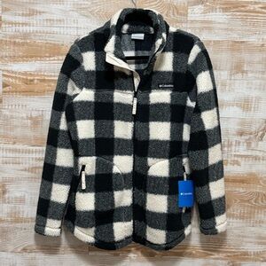 Columbia Women’s Sherpa Fleece Jacket in Black and Ivory Plaid Full Zip Size M